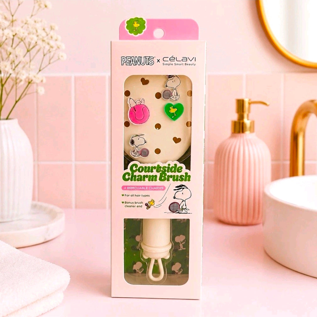 Courtside charm paddle brush box with Snoopy charms, mint and pink accents