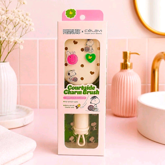 Courtside charm paddle brush box with Snoopy charms, mint and pink accents