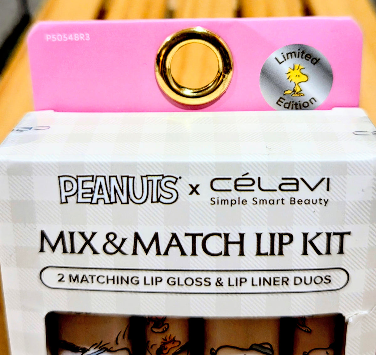 Peanuts x Célavi limited edition Mix & Match Lip Kit box with pink top flap