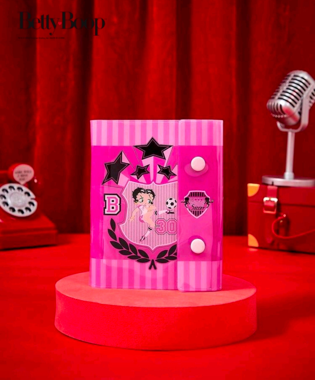 A7 ring binder photo album with pink striped cover and soccer-themed Betty Boop graphic