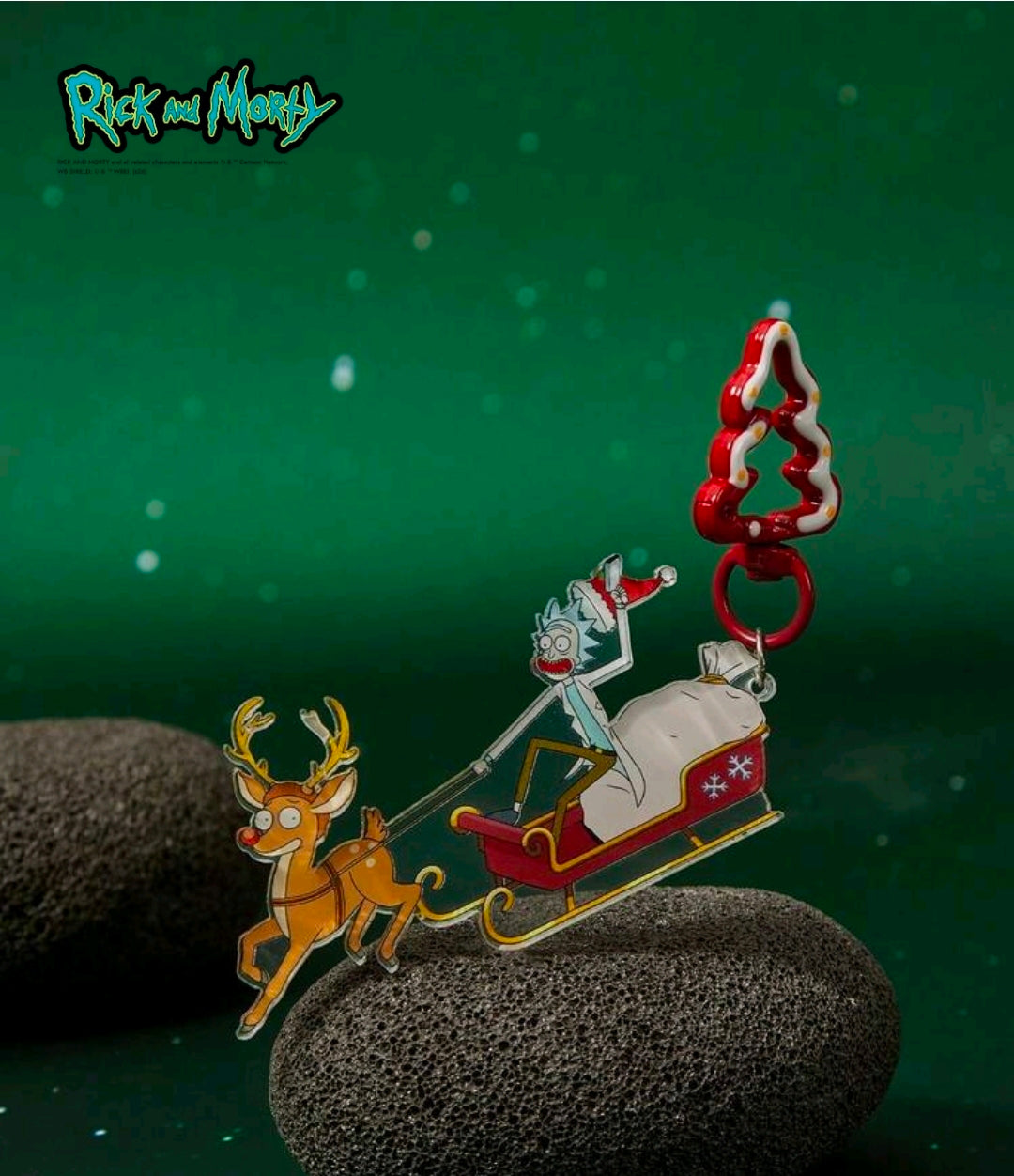 Christmas carabiner keyring with reindeer and sleigh charm, dangling loop