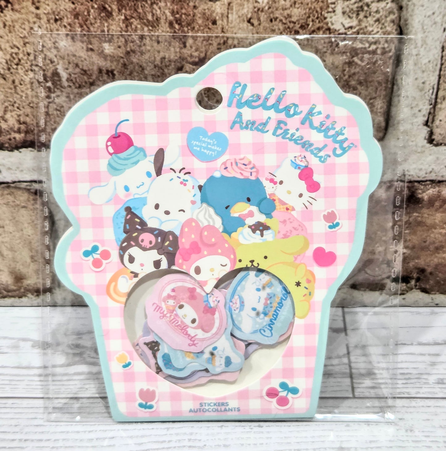 Heart-shaped sticker pack with Hello Kitty & Friends ice cream holographic flake stickers