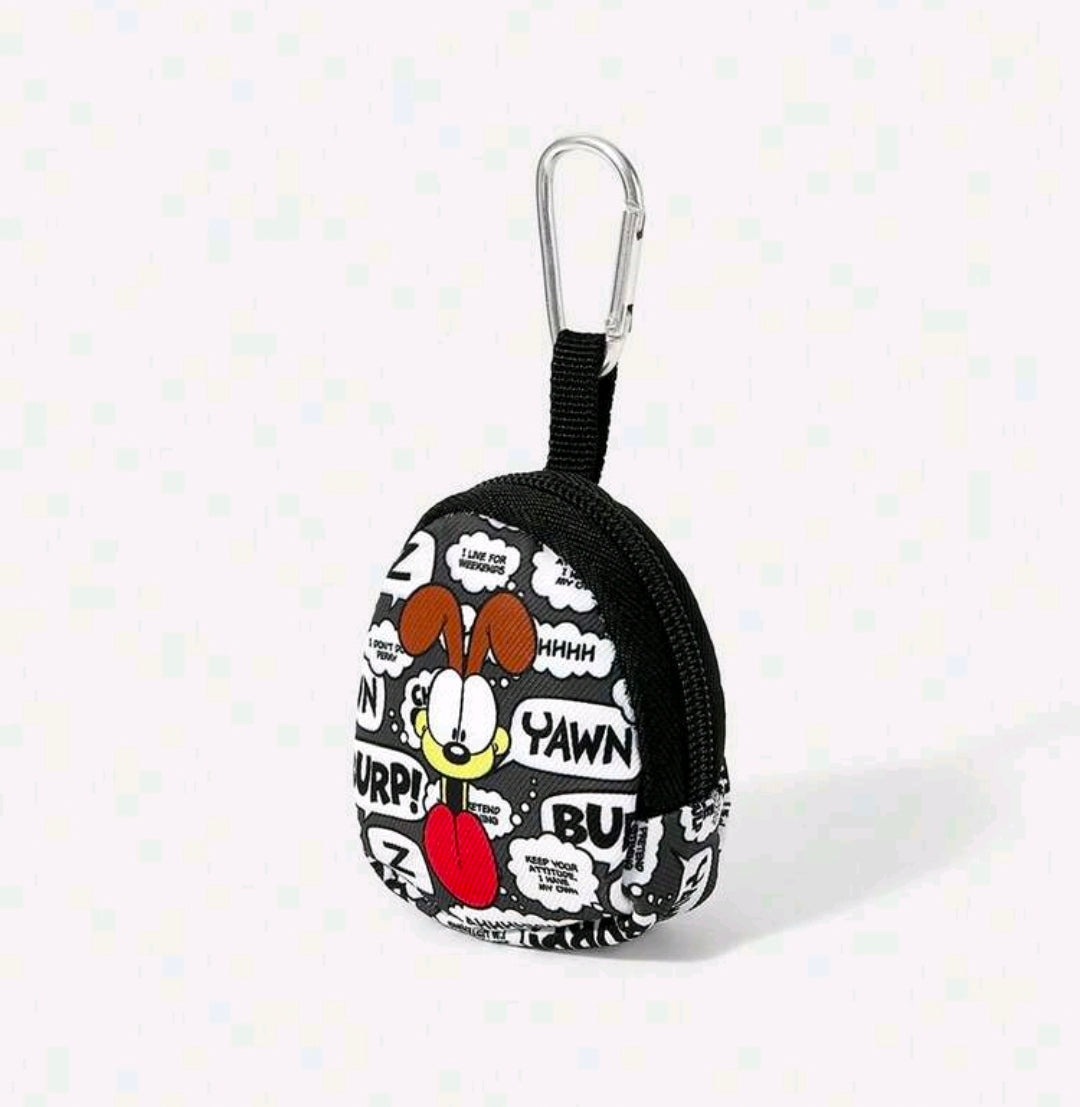 Round black pouch with metal carabiner, cartoon character and bold comic text