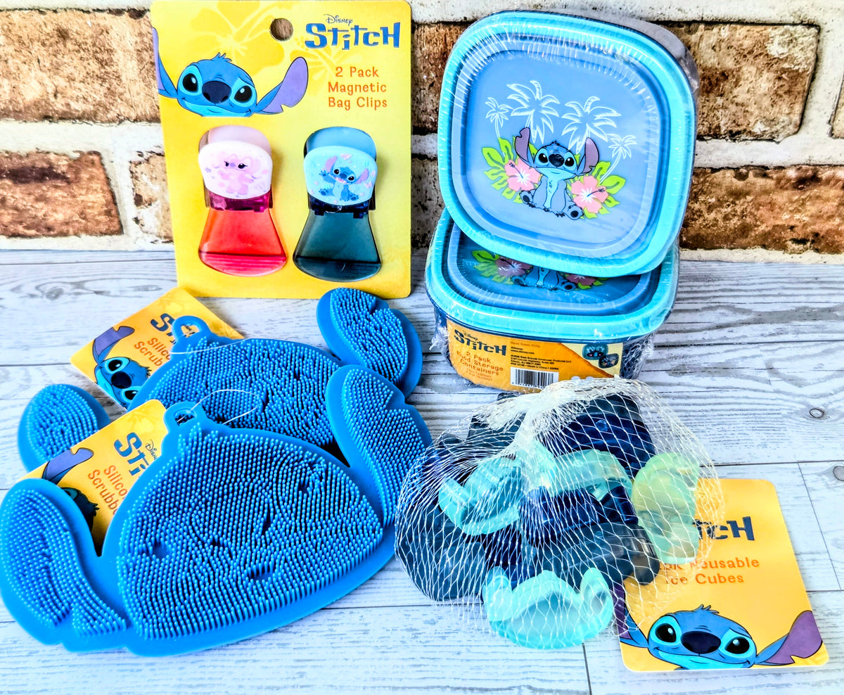 Kitchen gift set with blue ice cube scrubbers, stacked containers, and Stitch clips