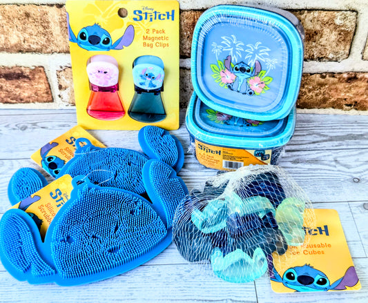 Kitchen gift set with blue ice cube scrubbers, stacked containers, and Stitch clips