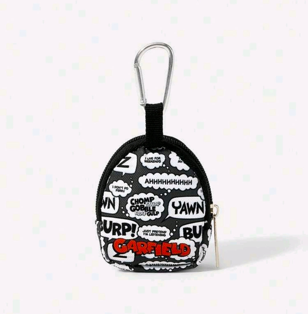Round black coin pouch with metal carabiner, comic speech-bubble print
