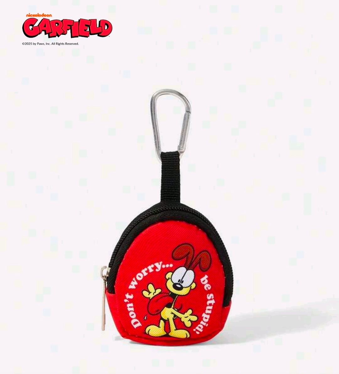 Red Garfield round coin pouch keychain with black strap and metal keyring tab