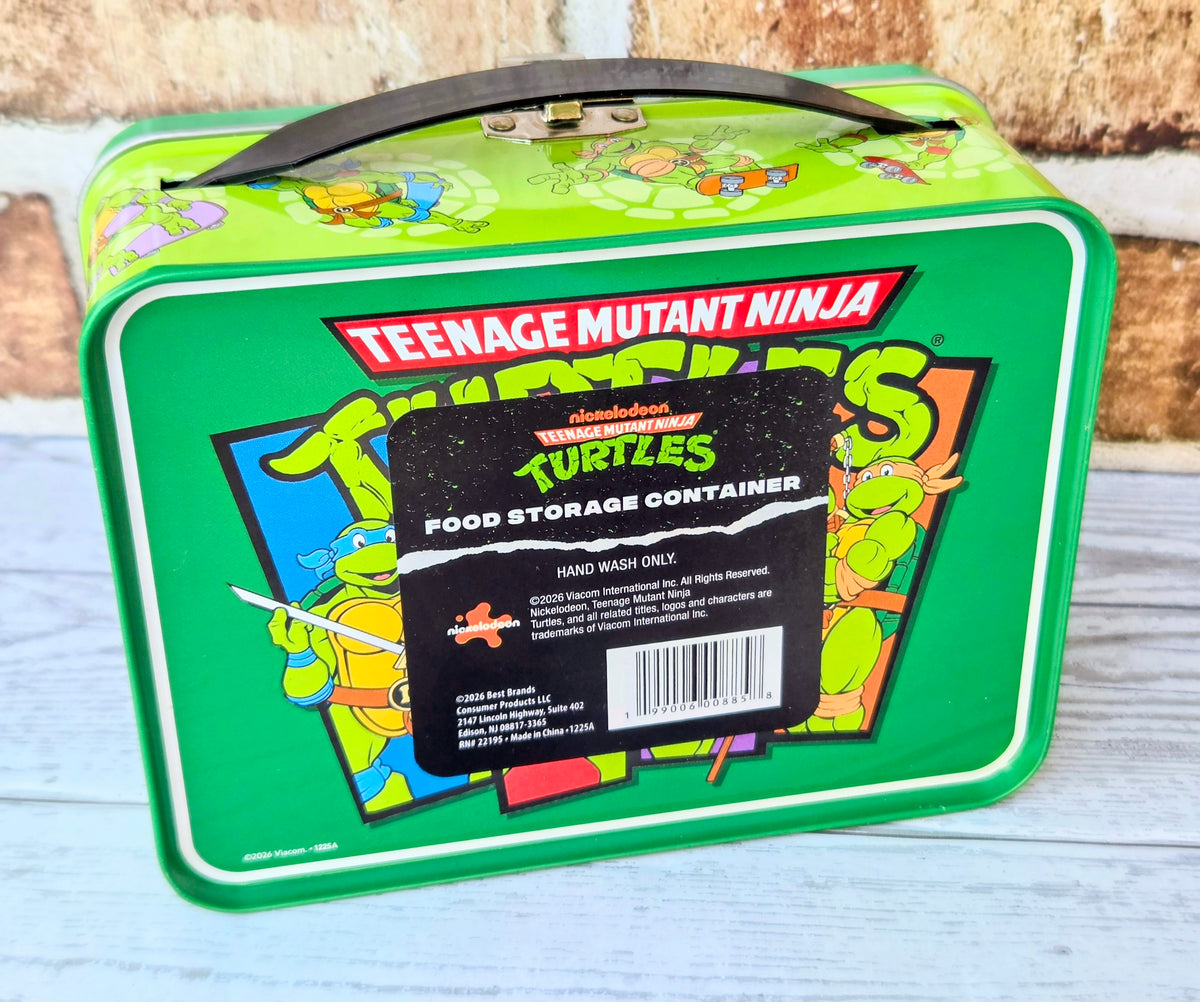 Green Teenage Mutant Ninja Turtles food storage container with front label