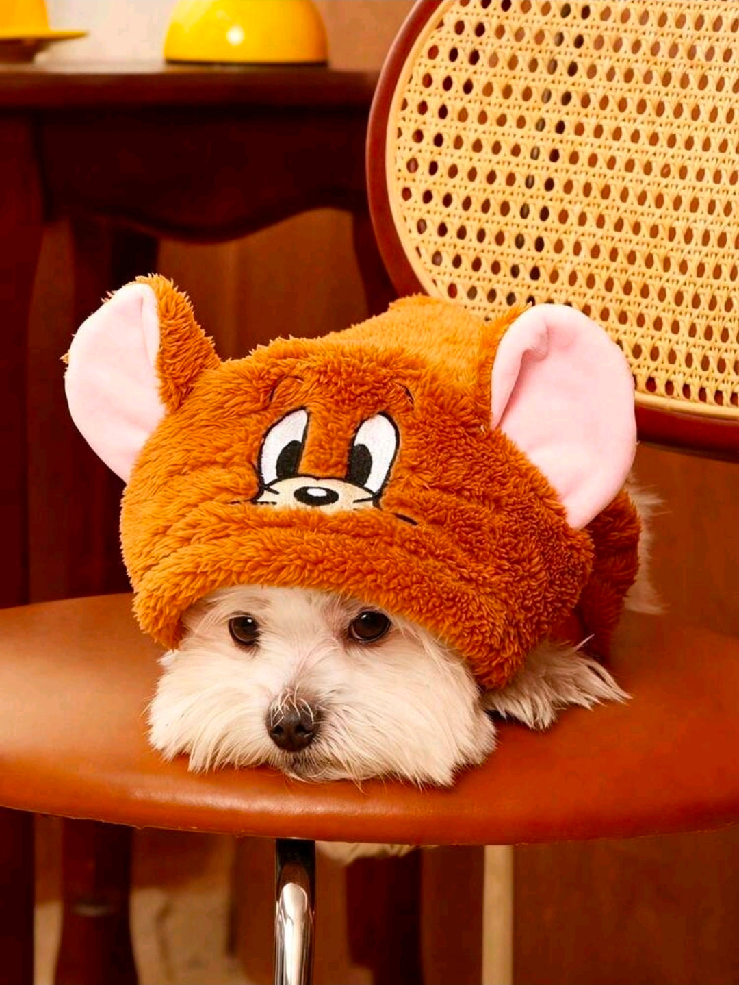 Mouse-themed orange-brown plush dog hoodie with large ear hood and cartoon face, white dog