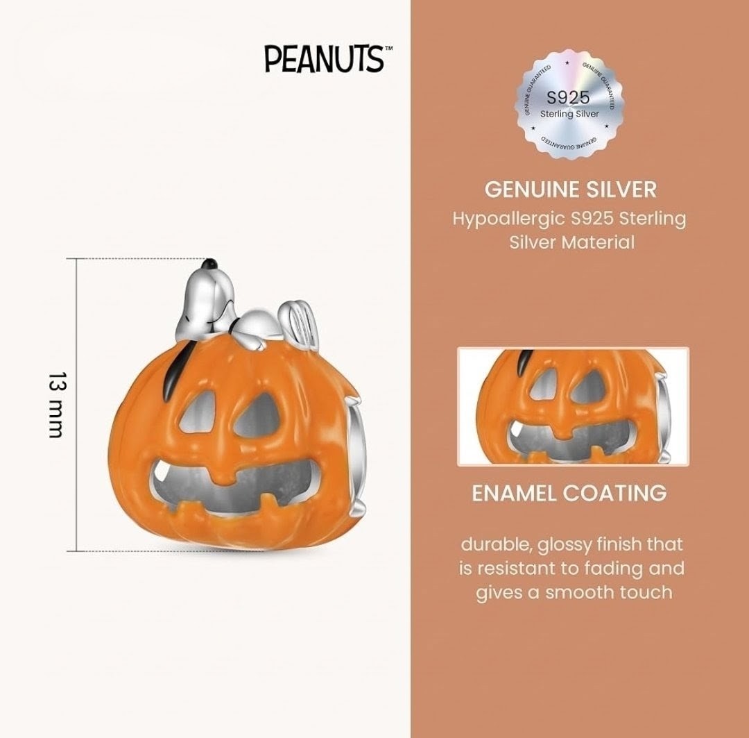 Orange jack-o'-lantern enamel S925 silver charm with glossy finish and dog figure