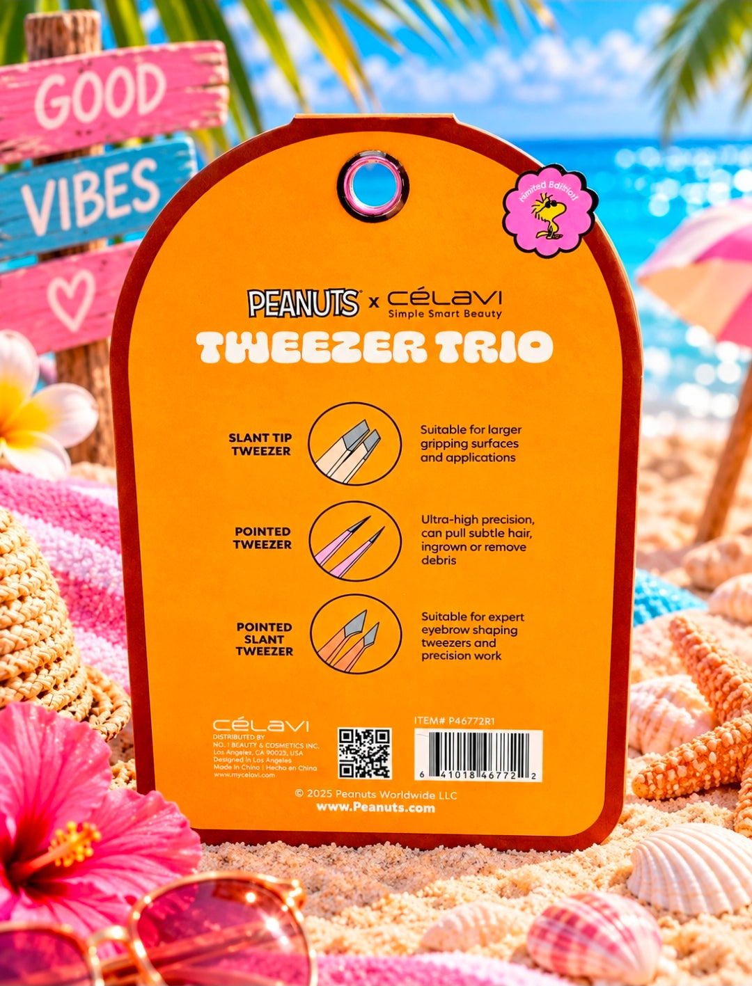Peanuts x Celavi Tweezer Trio package with Snoopy heart keychain on orange backing.