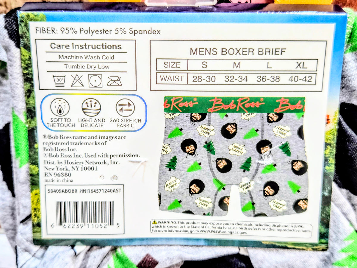 Men's boxer brief packaging back showing size waist chart and fabric details