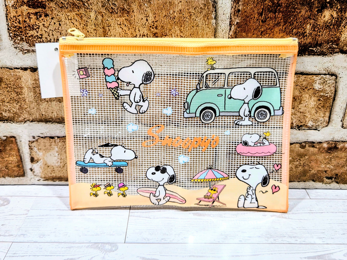Snoopy Peanuts A5 Mesh Zip Pouch Bag Clear Kawaii Stationery Cosmetic Charlie Brown Woodstock