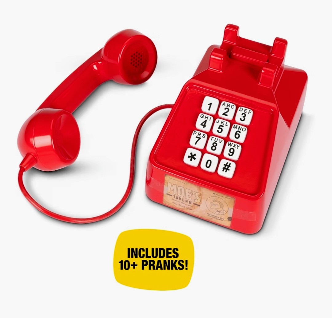 Red handset prank phone with keypad and coiled cord, Moe’s Tavern label
