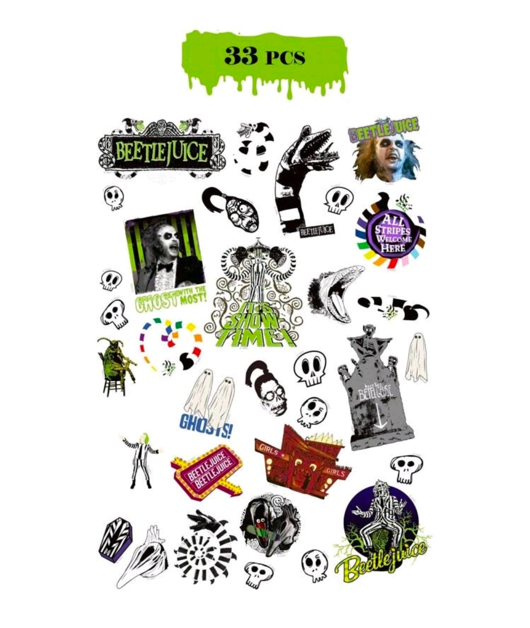 33-piece Beetlejuice glow-in-the-dark sticker set with assorted skull and character designs