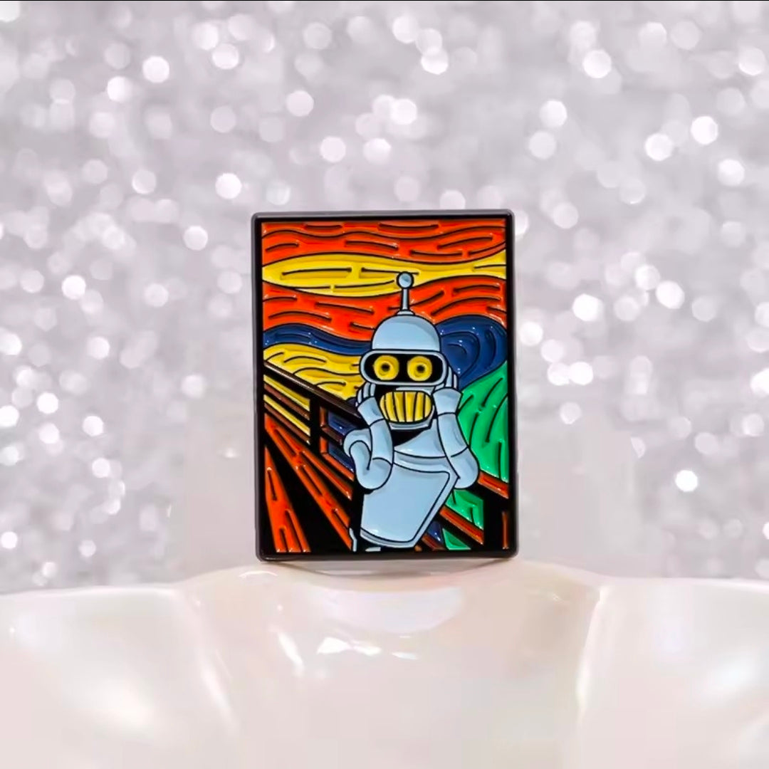 Square enamel pin featuring blue robot with black outline in orange and blue scene