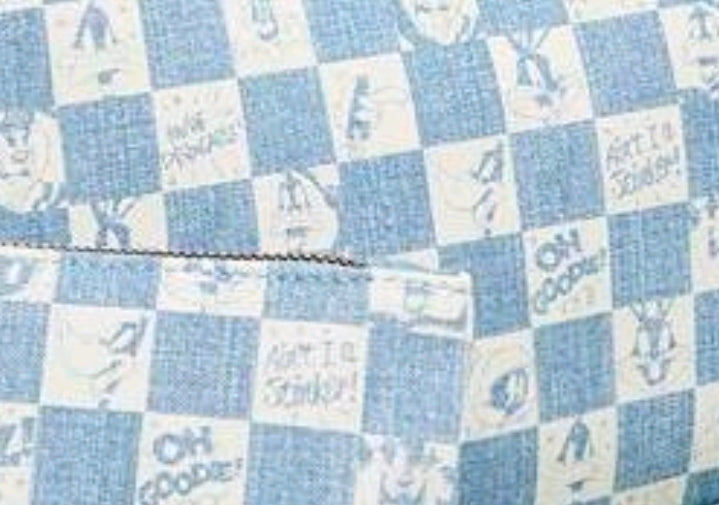 Blue checkered fabric handbag pattern with small character icons throughout