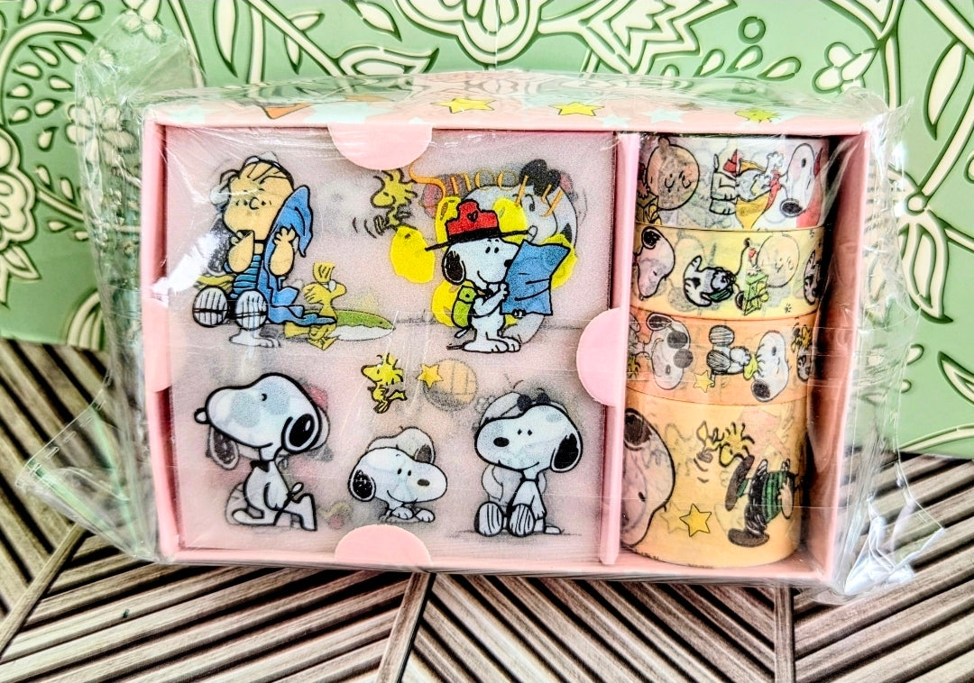 Peanuts Snoopy washi tape and sticker set in pink box with character tape rolls