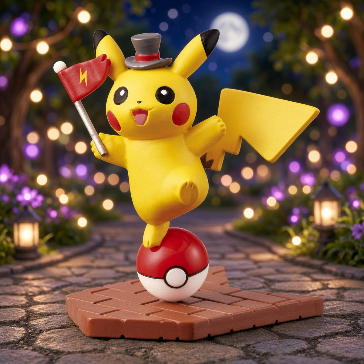 Pikachu mini figure with top hat and red flag, standing on orange-brown brick base