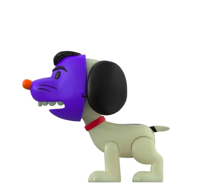 Side view purple-masked dog figure with black ears, red collar, and light beige body