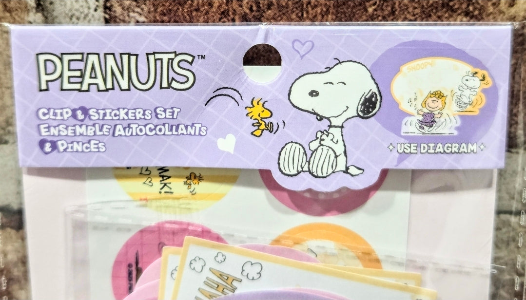 Stationery clip & sticker set header with Snoopy artwork and character icons