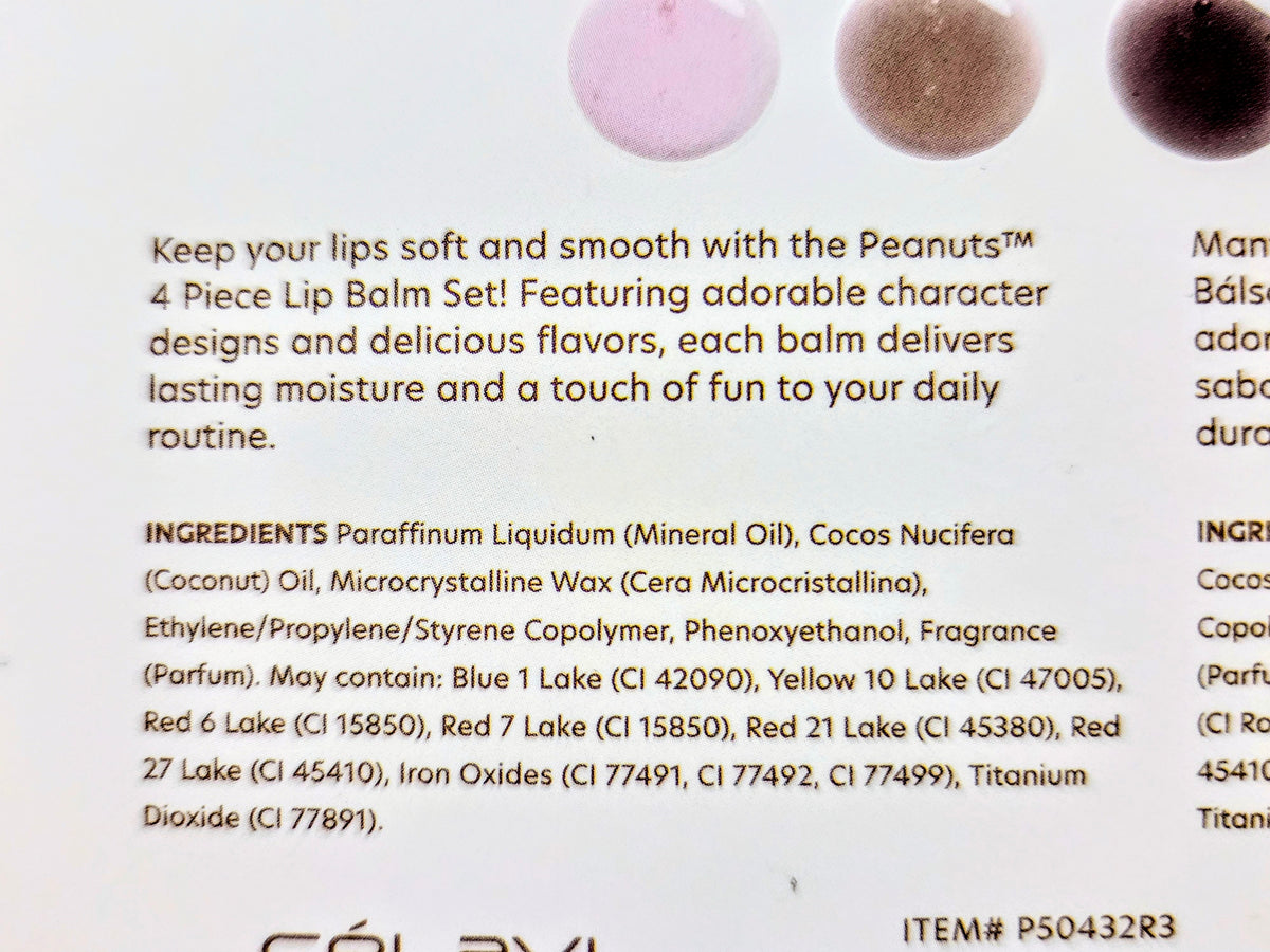Snoopy Serve 4-piece lip balm set box side with ingredient and flavor details