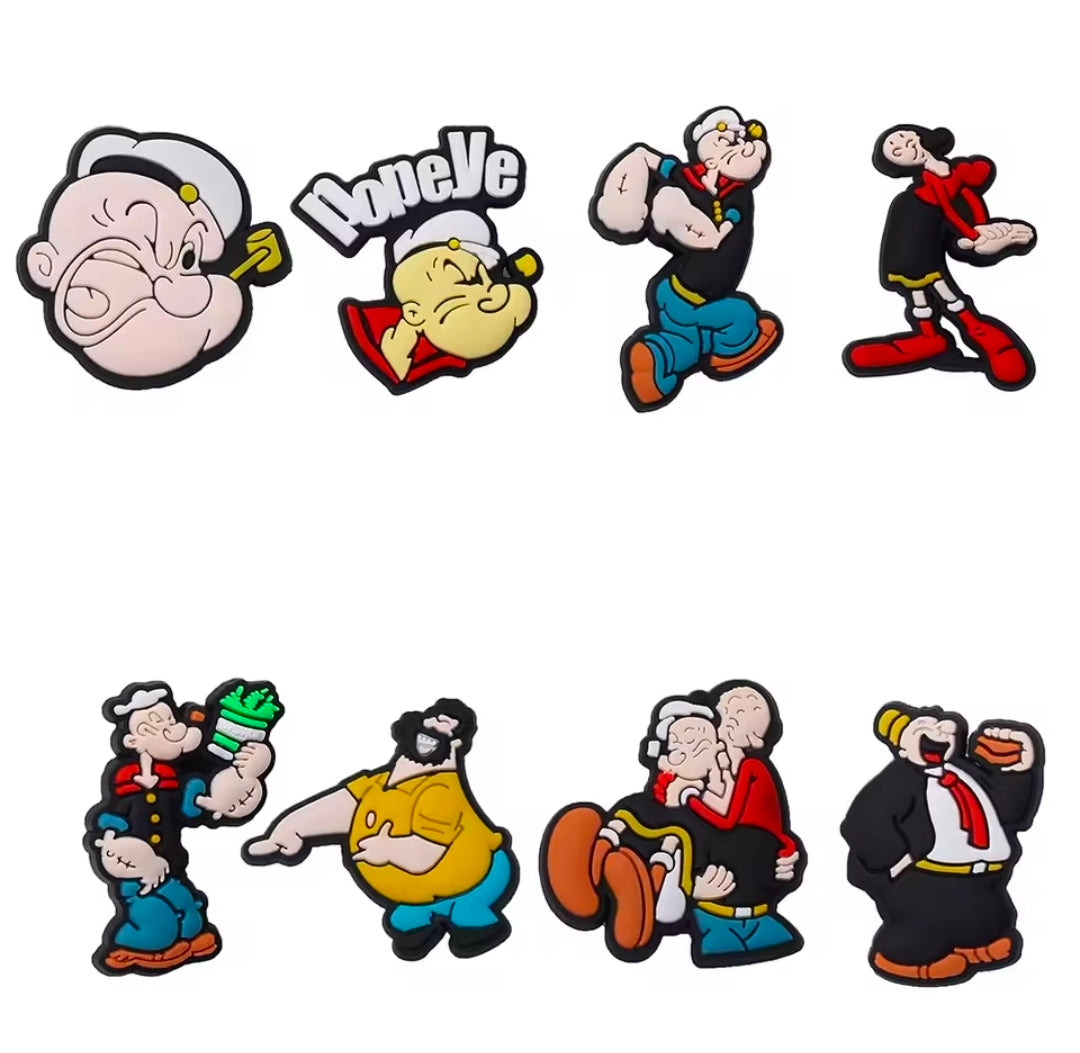 PVC shoe bag charm set with multiple Popeye character charms in different poses
