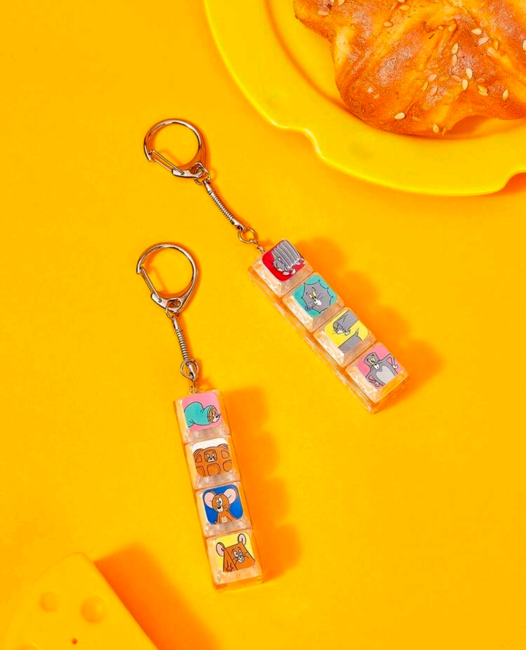 Cartoon keyboard fidget keychain set with two clear clicker strips and metal keyrings