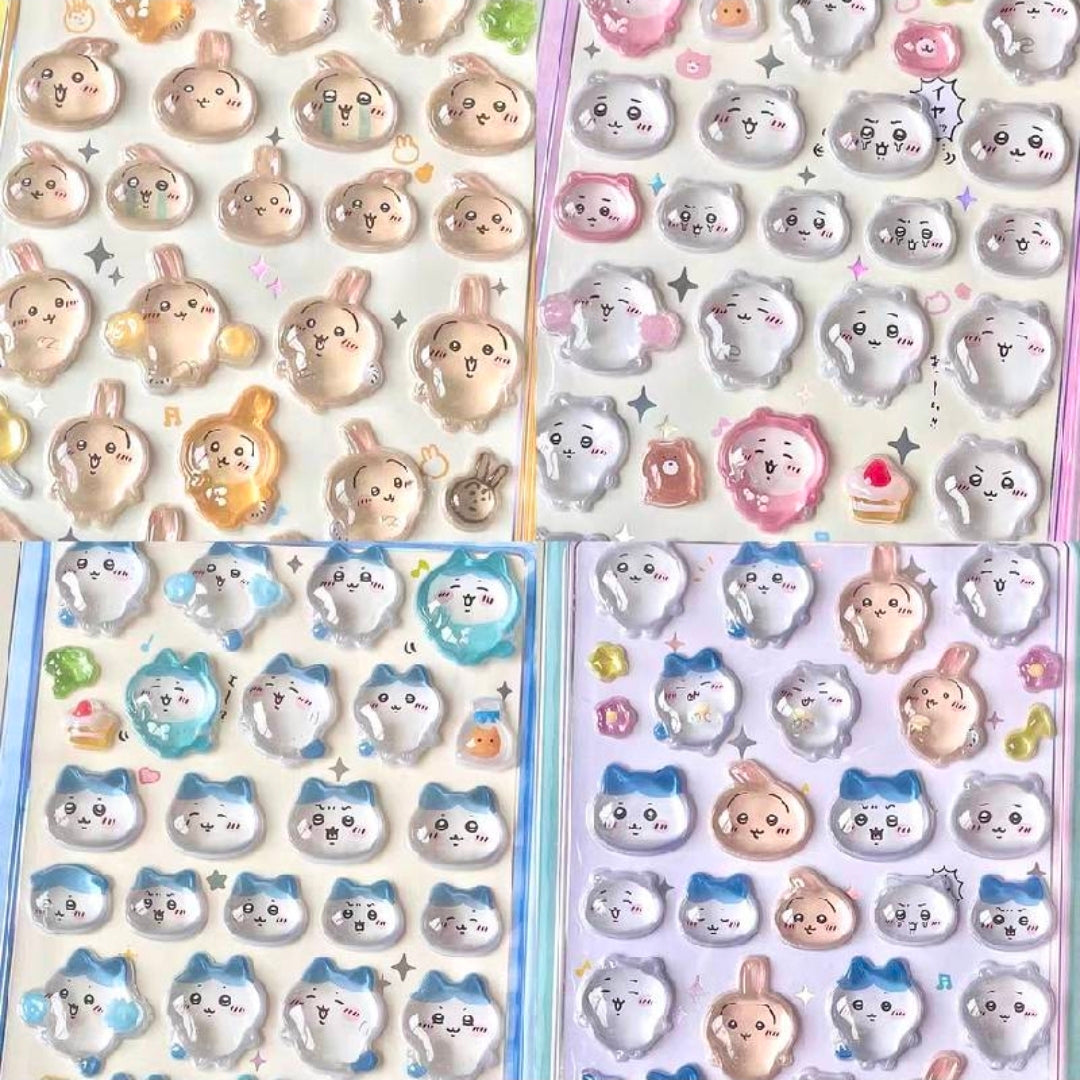Two Chiikawa Bon Bon Drop 3D acrylic sticker sheets with character faces and bows