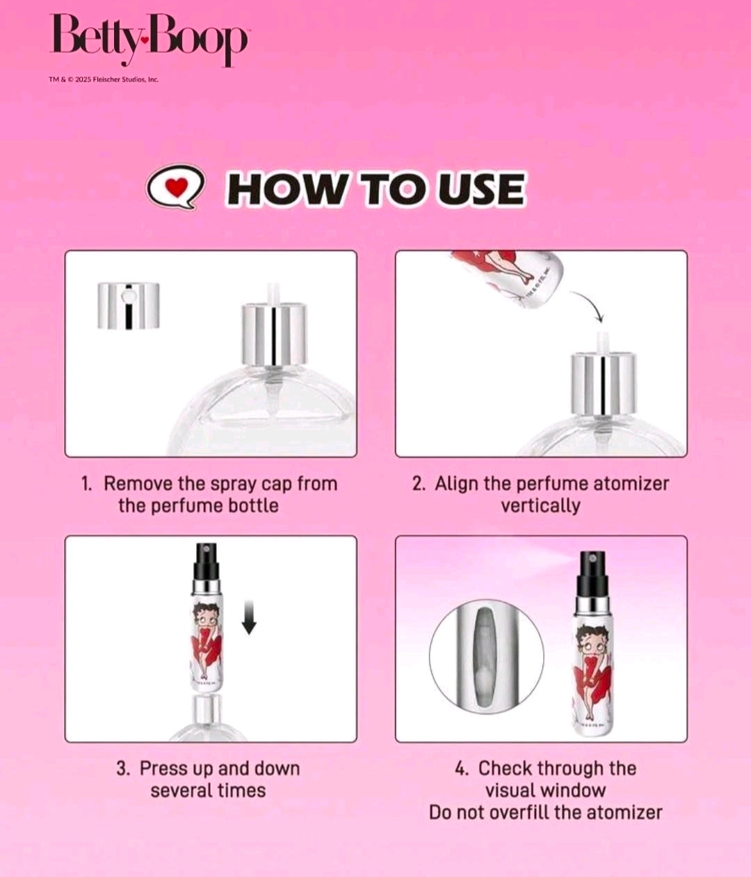 Perfume sprayer bottle with Betty Boop red heart print and black nozzle cap