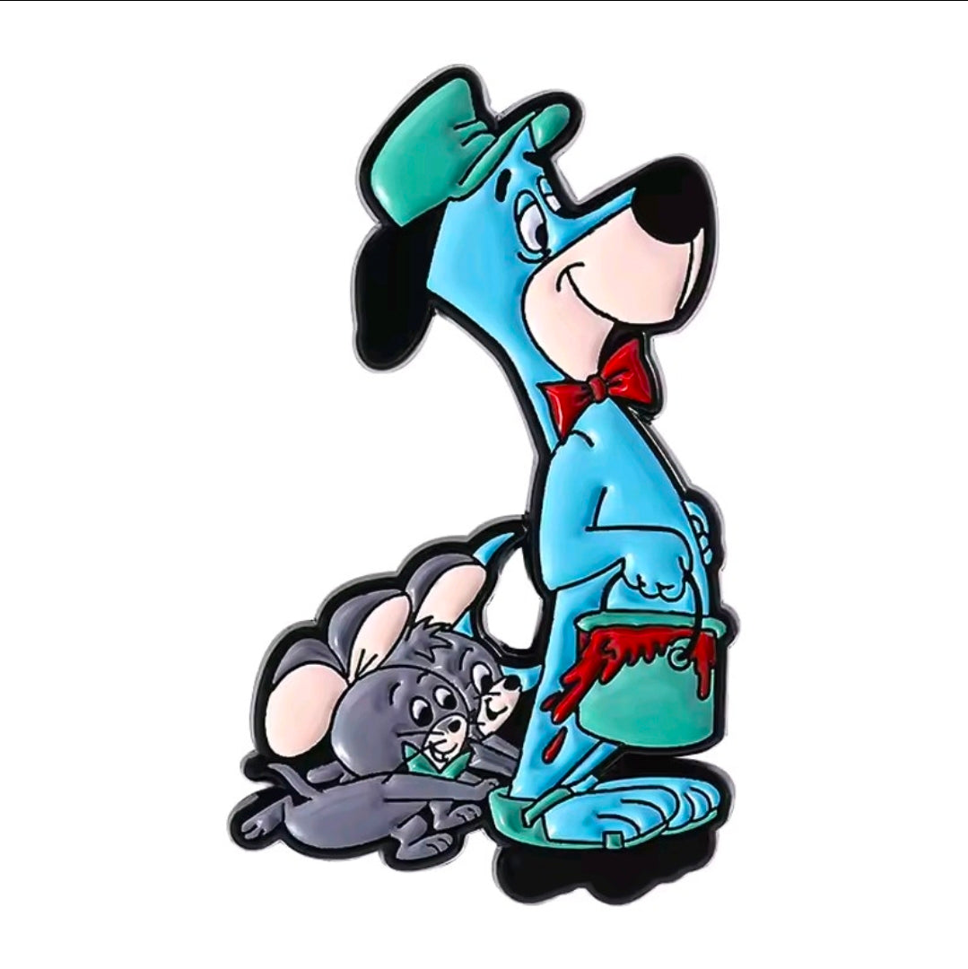 Enamel pin of blue Huckleberry Hound standing with a gray hound