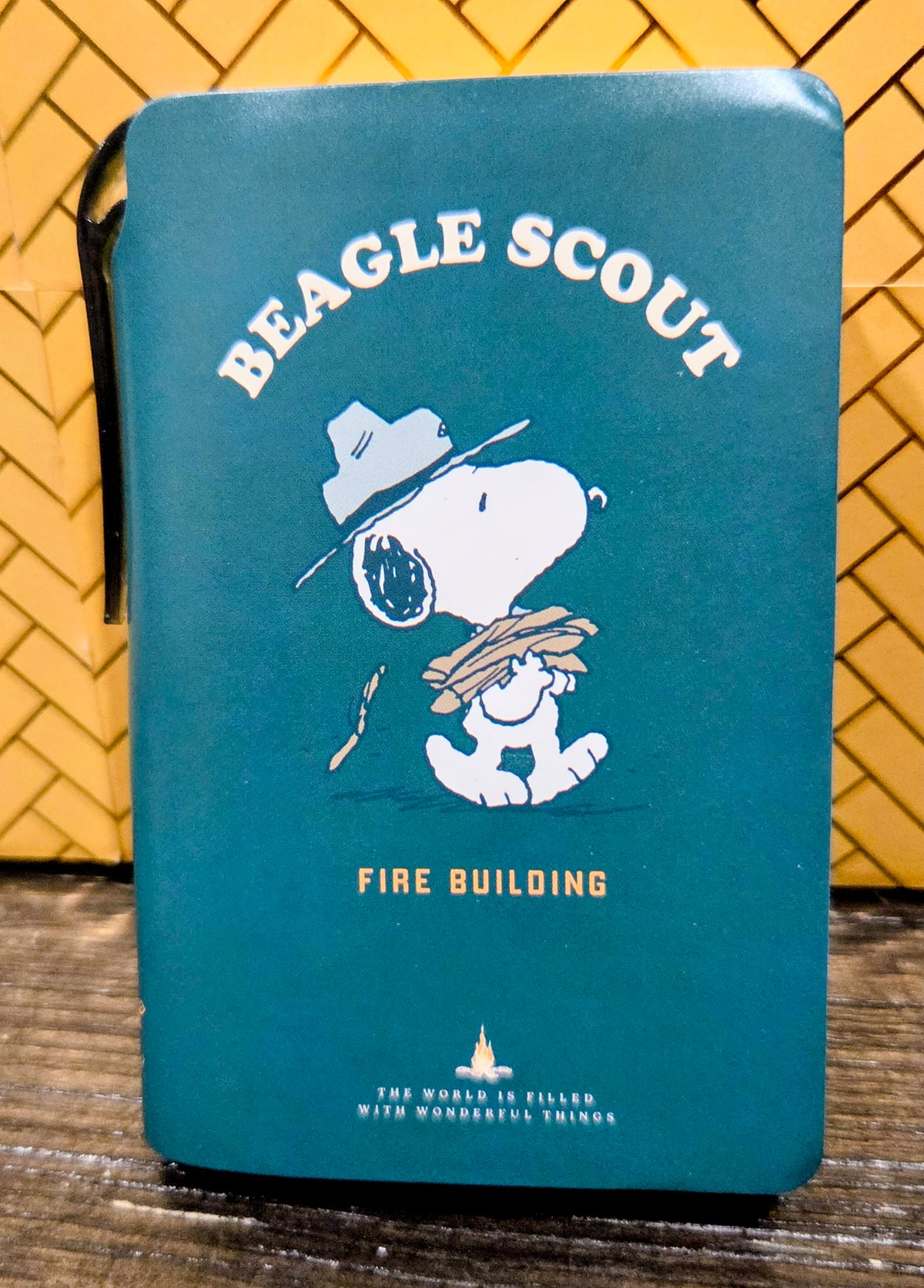 Teal Beagle Scout pocket field notebook cover with Fire Building Snoopy illustration and side strap