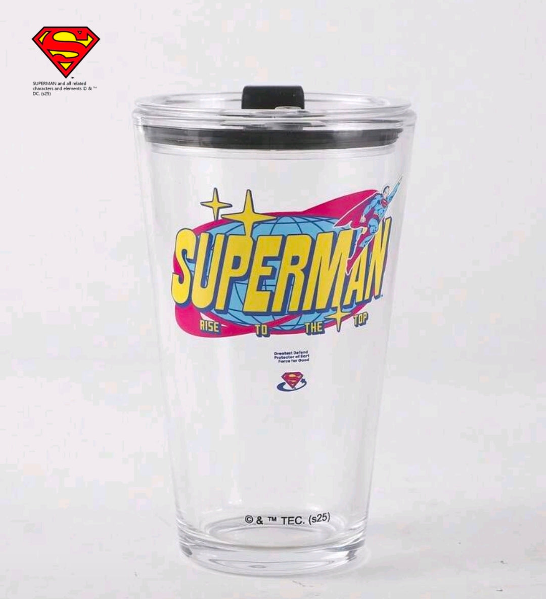 Clear Superman glass tumbler with black lid, full front print