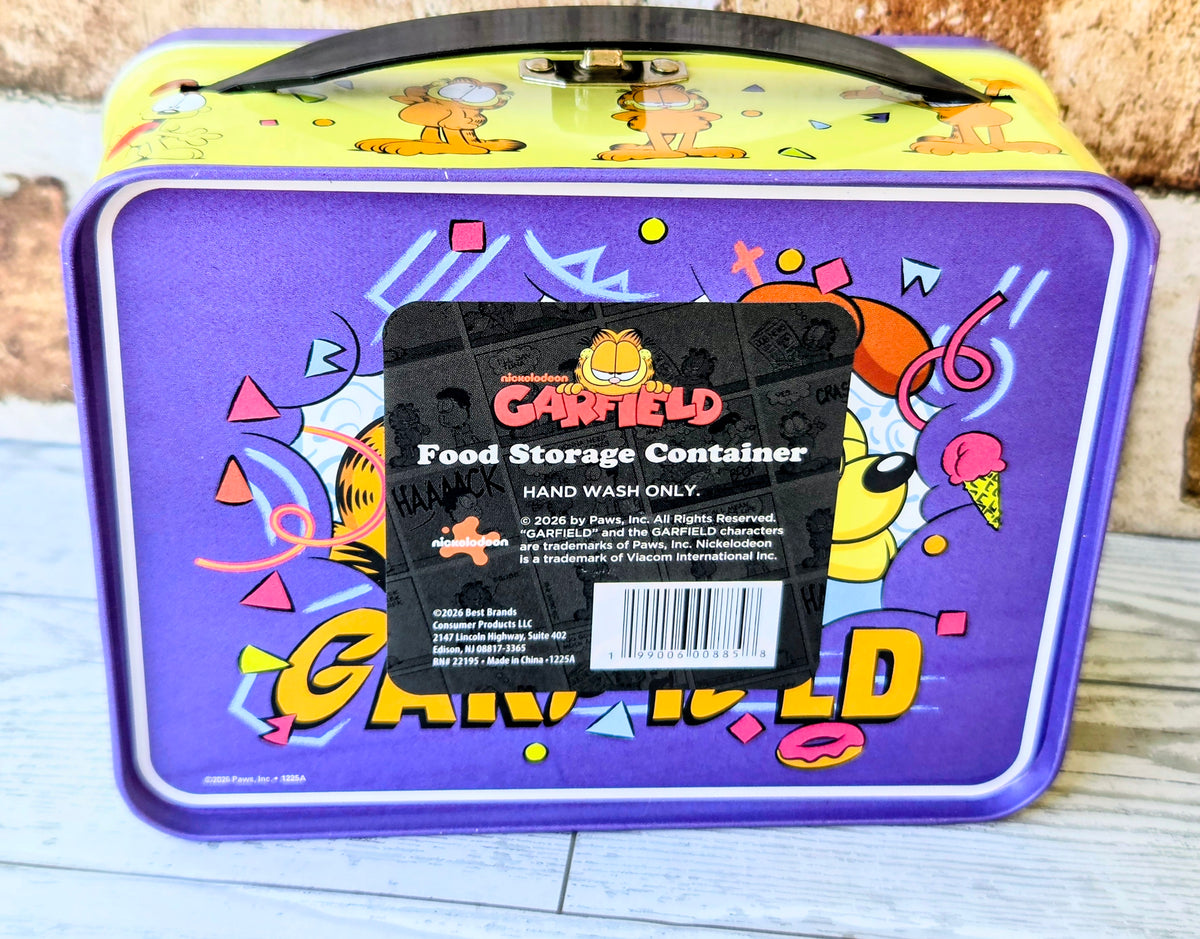 Garfield food storage tin with purple lid, center label card on top