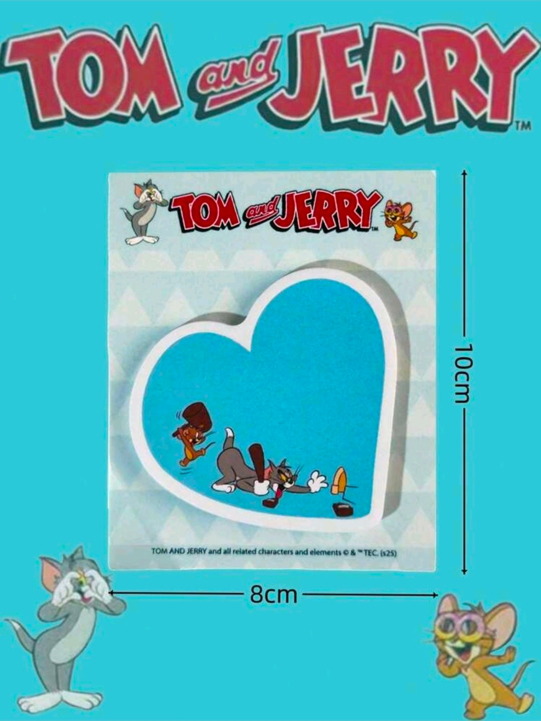 Blue heart-shaped Tom and Jerry sticky note pad with character artwork on the cover