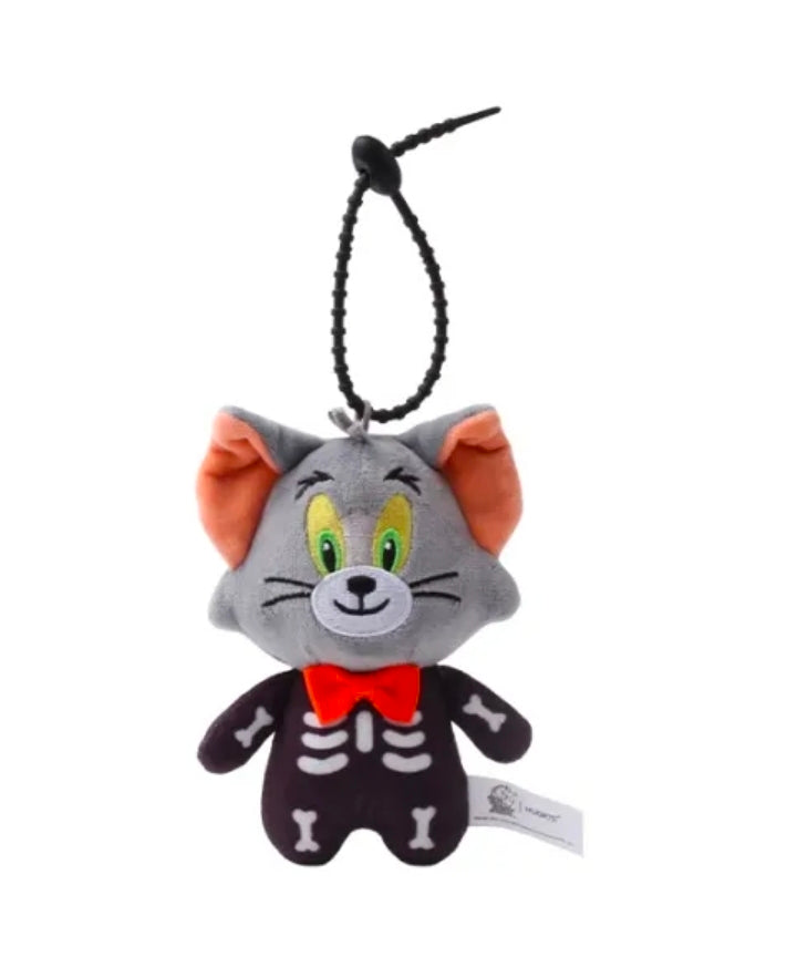 Grey plush cat skeleton plush keychain with green eyes, red bow tie and black suit
