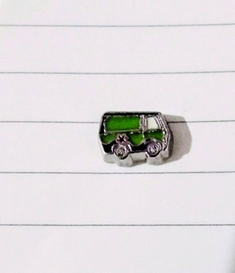 Character floating charm: green-and-silver mystery vehicle on round silver base