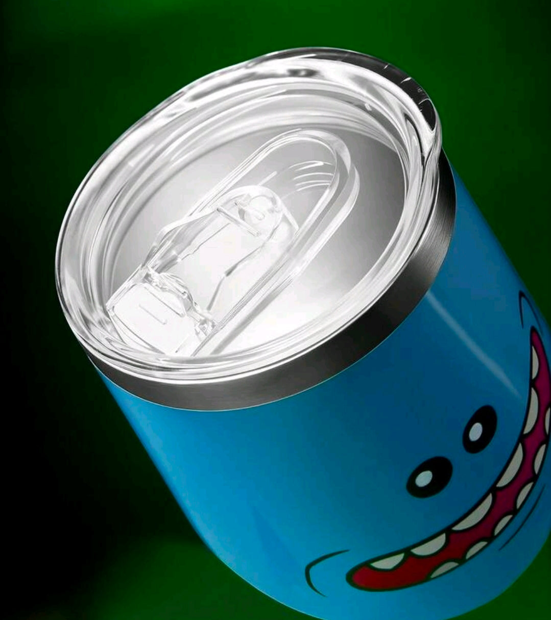 Clear-lidded blue insulated tumbler with stainless rim and cartoon face detail