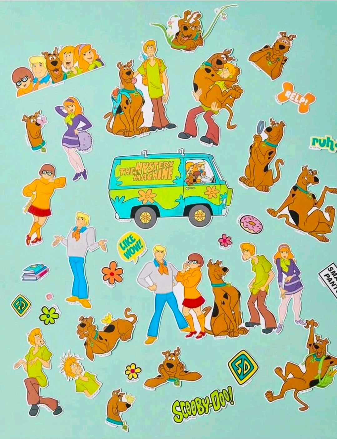 Scooby-Doo character sticker sheet with people and dogs in varied poses