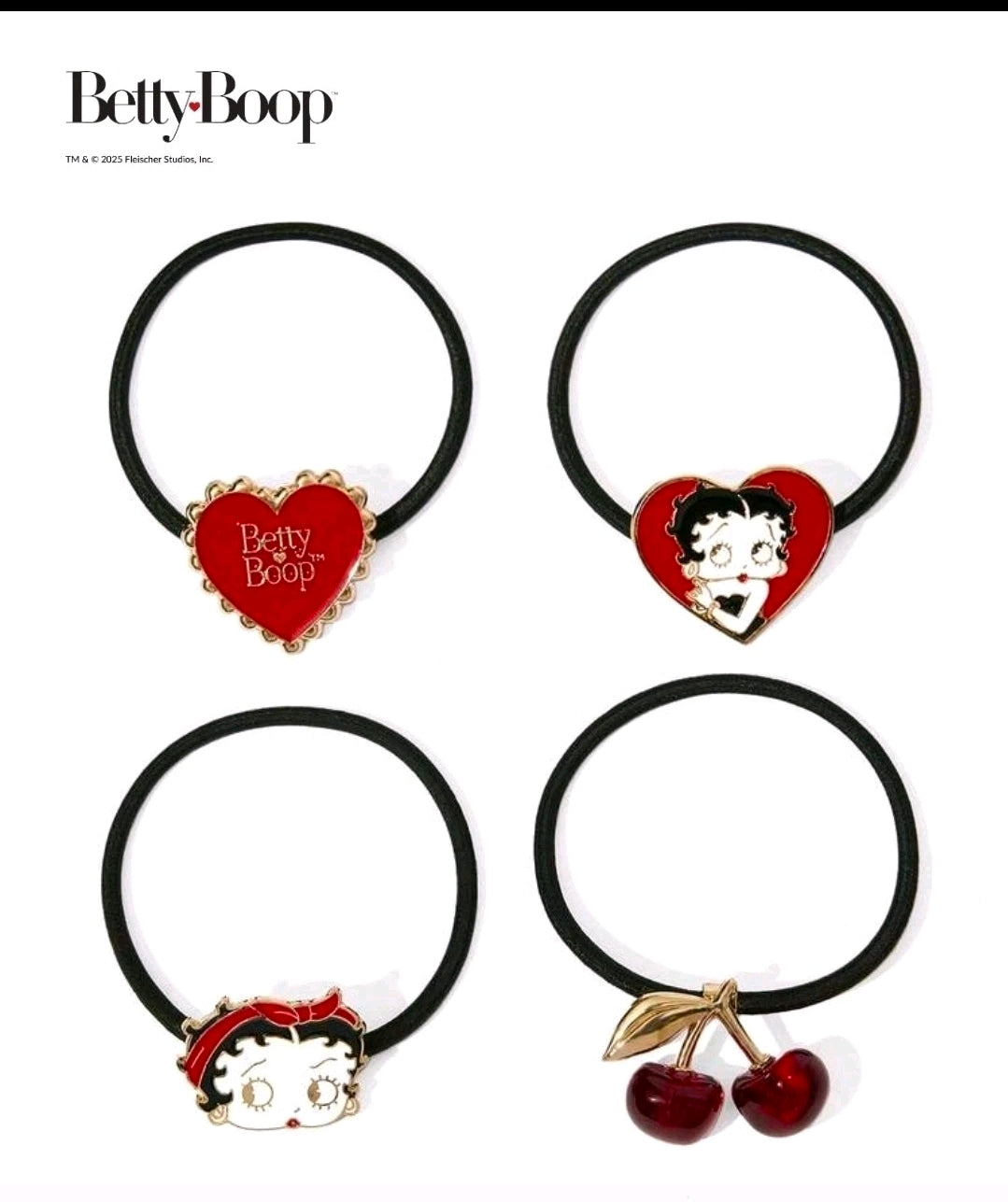 Four Betty Boop heart hair ties with black elastic bands and charm details