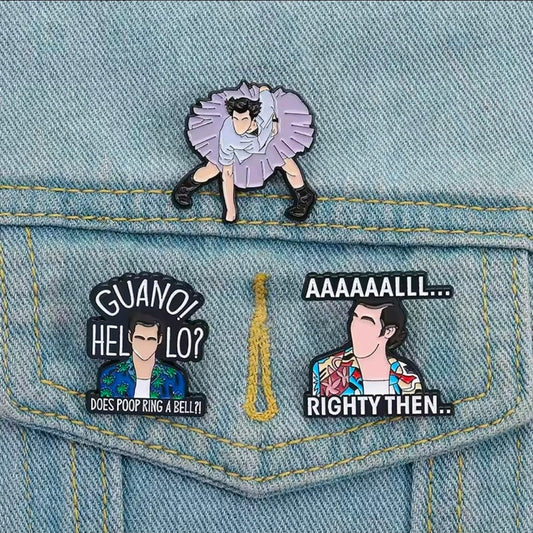 Enamel pins on denim pocket: purple cheering pose, “GUANO! HELLO?”, “RIGHTY THEN..”