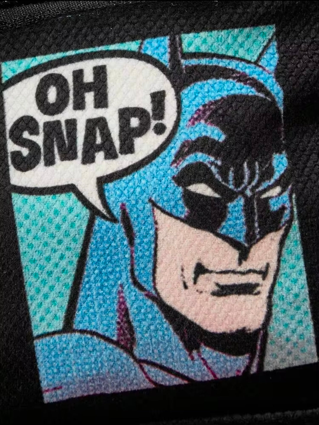 Black Batman comic-print fabric pouch with 'OH SNAP!' speech bubble patch