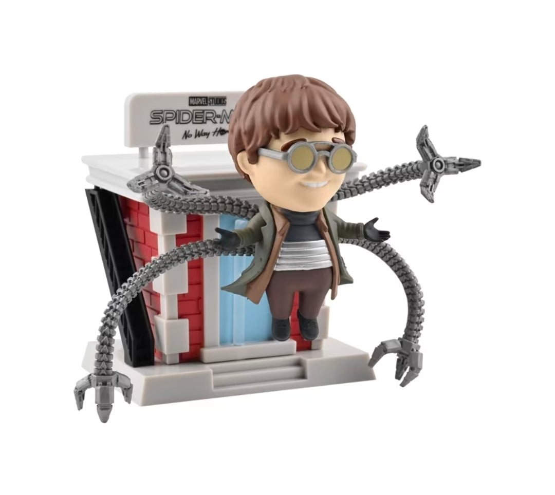 Spider-Man tower blind box figure with brown hair, glasses, and curved cable arms