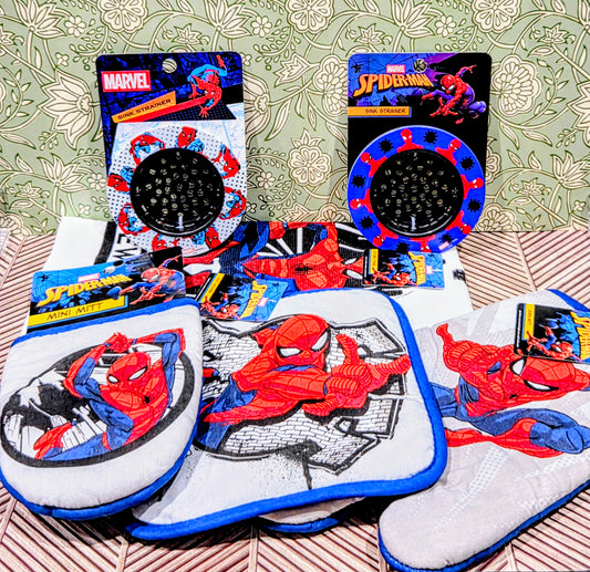 Spider-Man kitchen towel and mitt set with red-and-blue character graphics