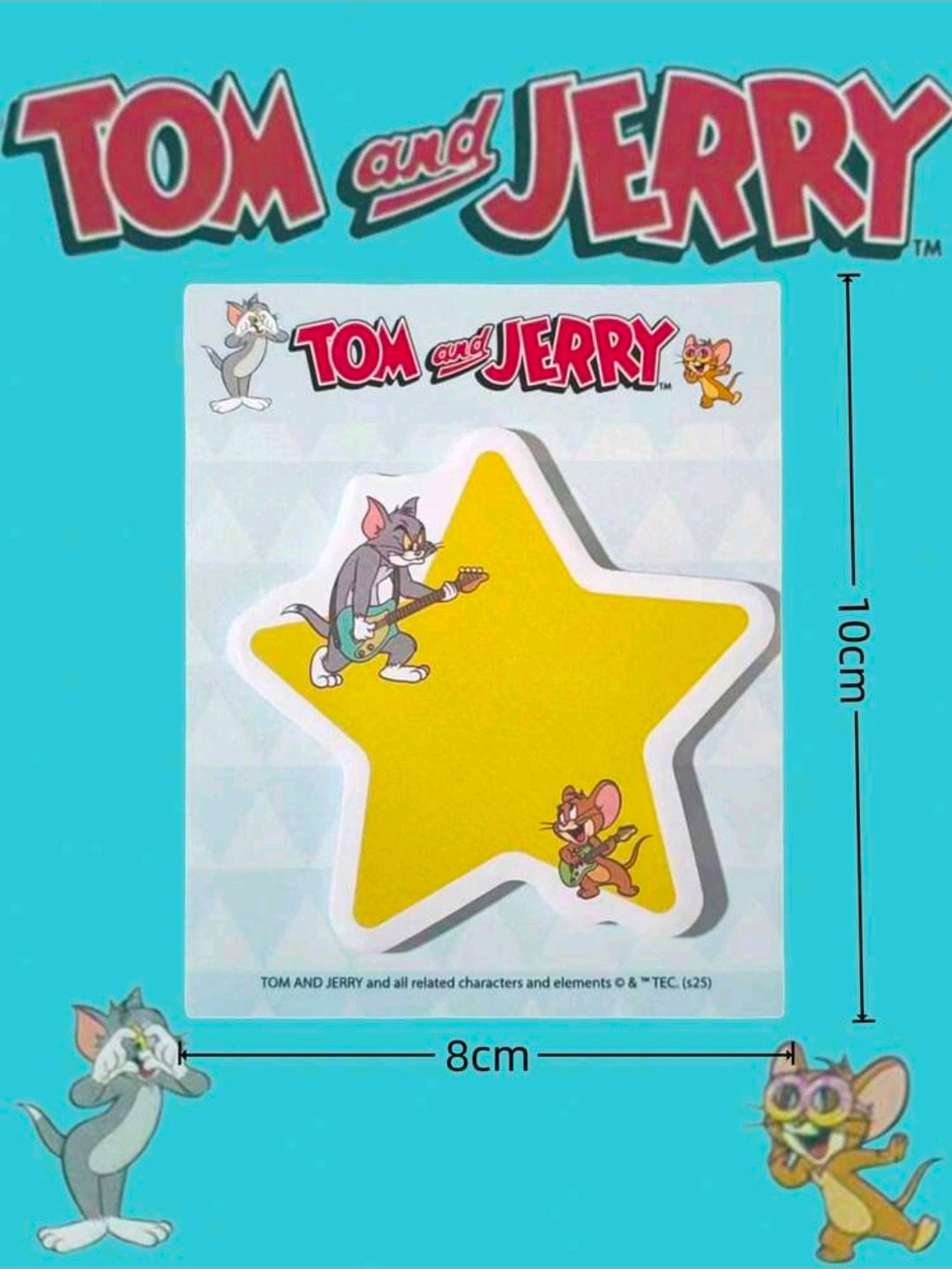 Yellow star-shaped Tom and Jerry sticky note pad with character artwork on the cover