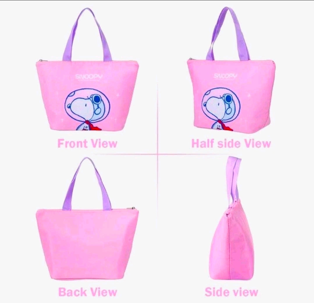 Pink Snoopy insulated lunch bag with purple handles, shown in front, side, and back views