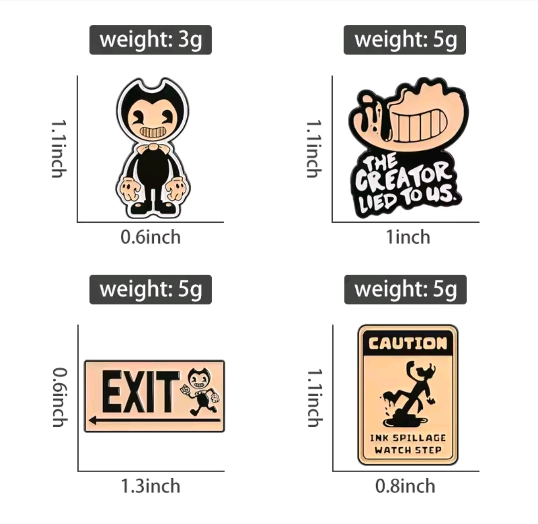 Four-piece enamel pin set: character, The Creator Lied to Us, EXIT, Caution signs