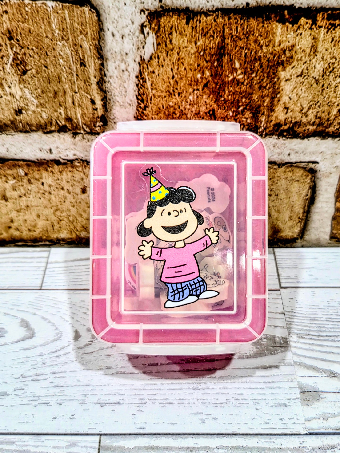 Mini Snoopy Pink Desktop Organizer Box w/ 12 Erasers & 2 Pins Lucy Peanuts NEW 🐾