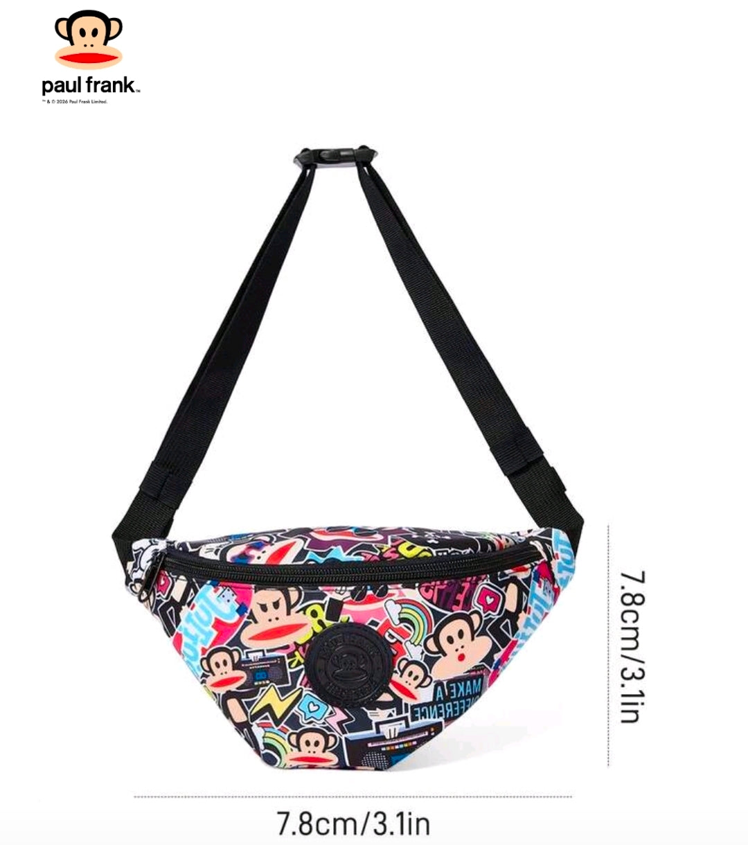 Black belt bag with colorful monkey sticker print, adjustable shoulder straps