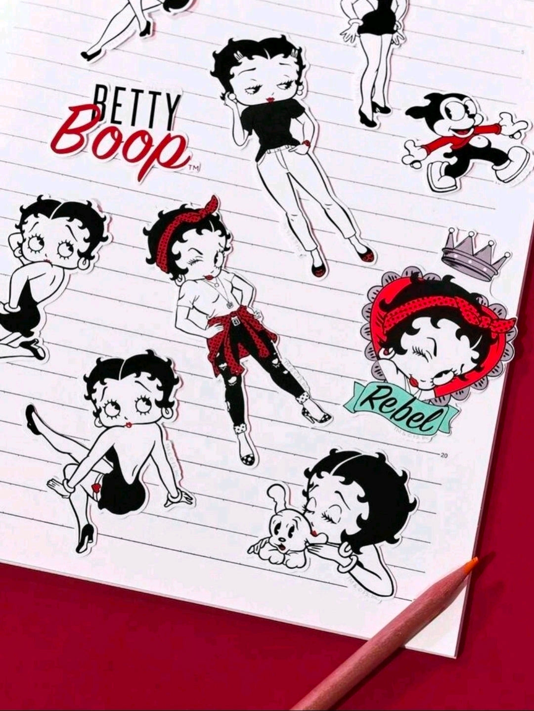 Betty Boop sticker sheet with multiple full-body character stickers and small icons